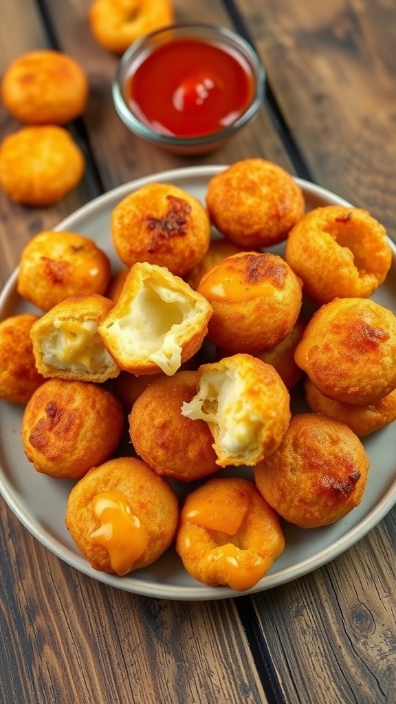 Golden cheesy snack bites on a plate with marinara sauce on the side.